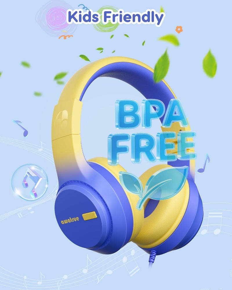 awatrue Kids Headphones, 74/85/94dB Volume Limiter, Foldable Wired Over Ear Headphones for Travel, 3.5mm Jack, Toddler Headphones for School, Chromebook, iPad, Tablet, Blue Yellow - Image 5